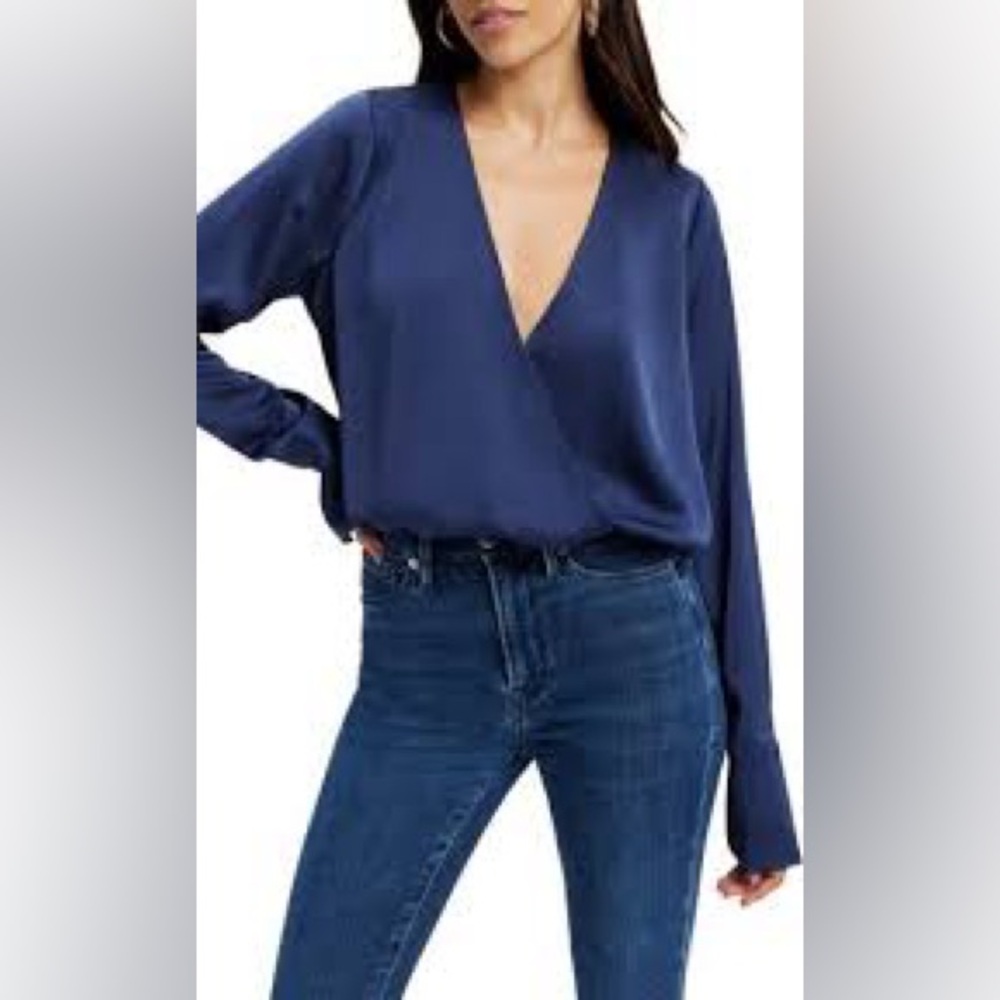 NWT 2X 5 Good American Good Womens Blouson Cuffed Wrap Blouse Blue Rinse deep V